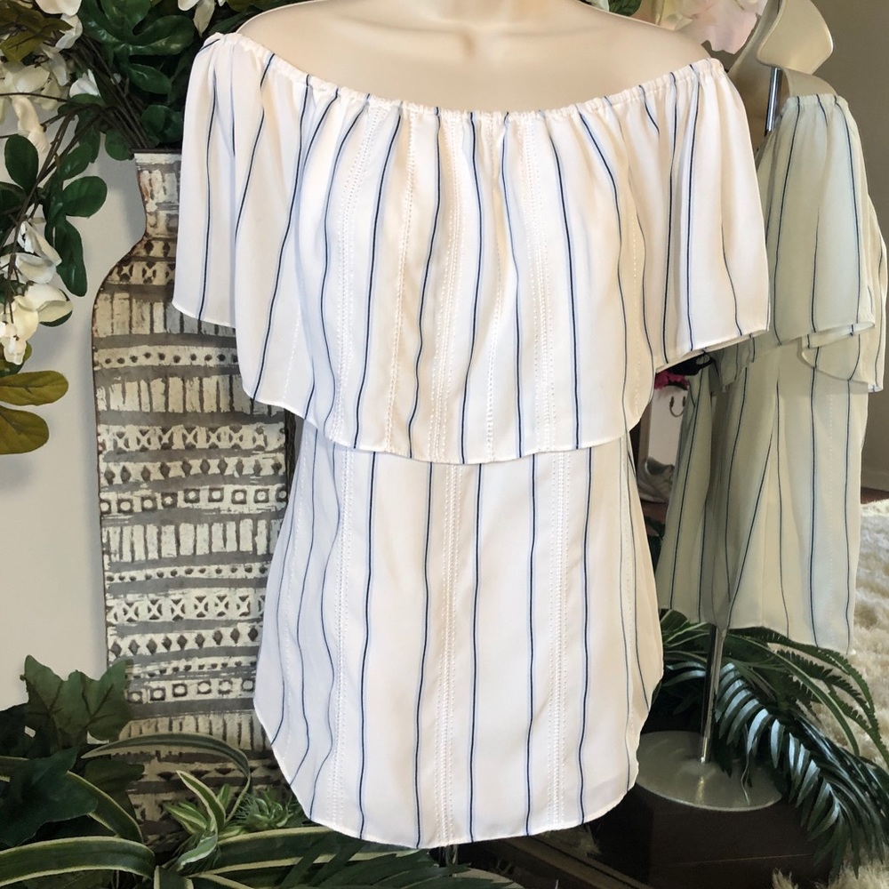 WHBM Off the Shoulder White and Blue Stripe Top